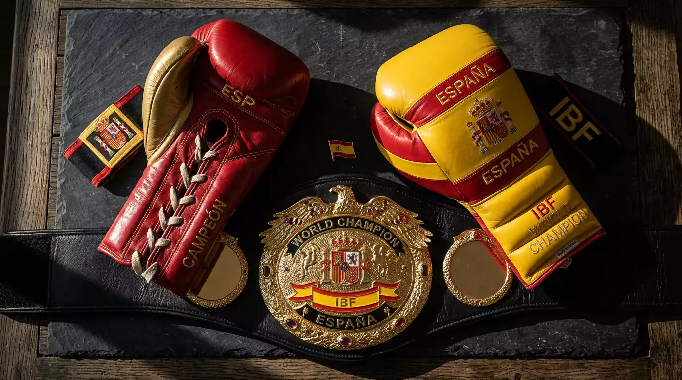 Guantes de boxeo con bandera española y cinturón de campeón UFC