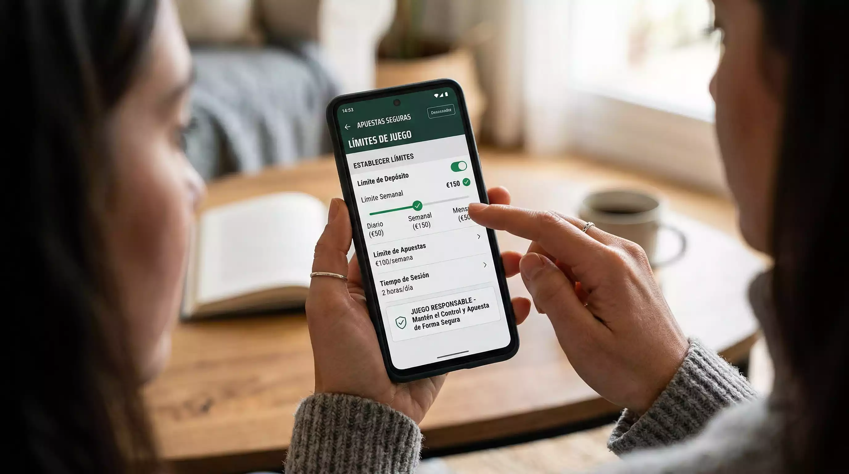 Manos configurando límites de apuesta en aplicación móvil