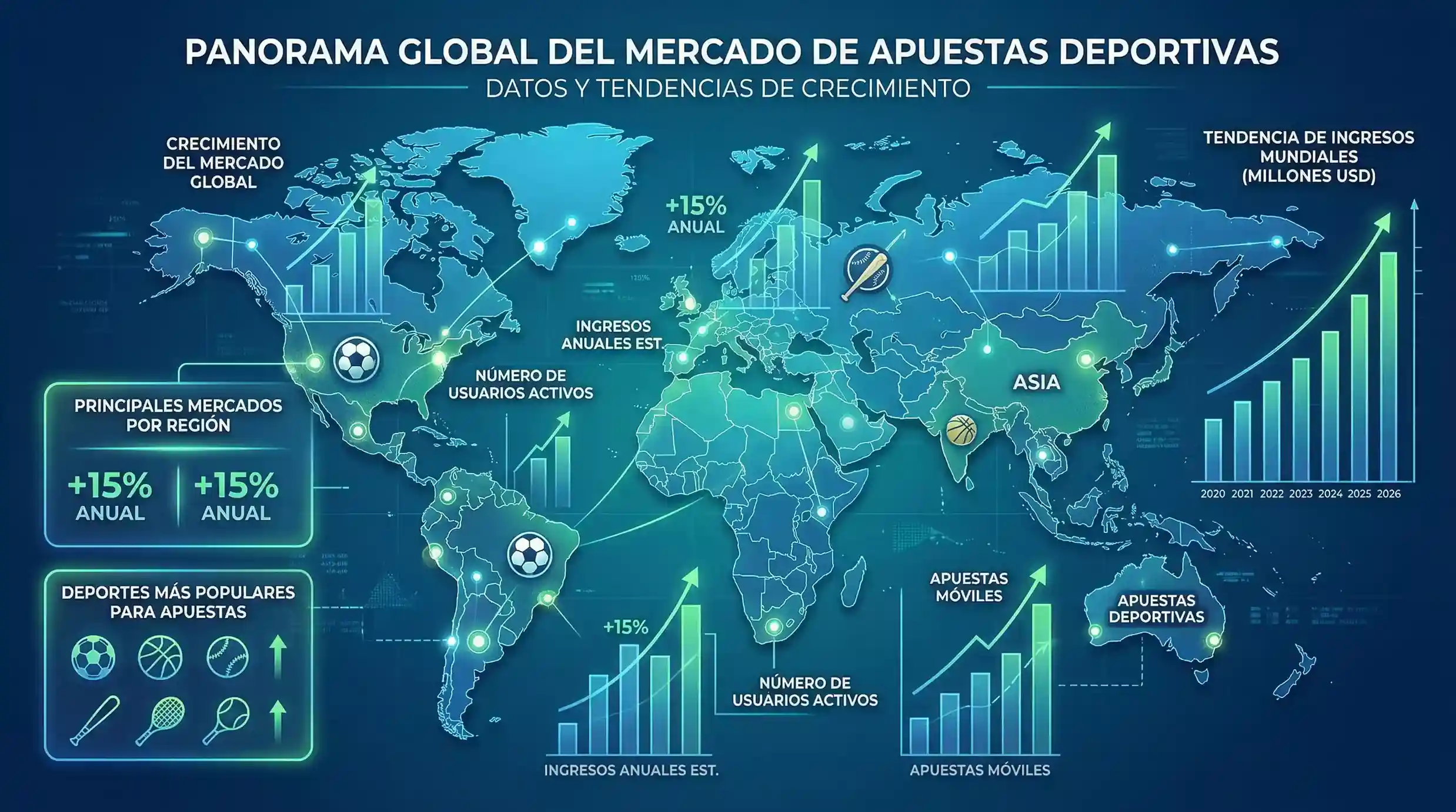 Mapa mundial con iconos de apuestas deportivas y gráficos de crecimiento