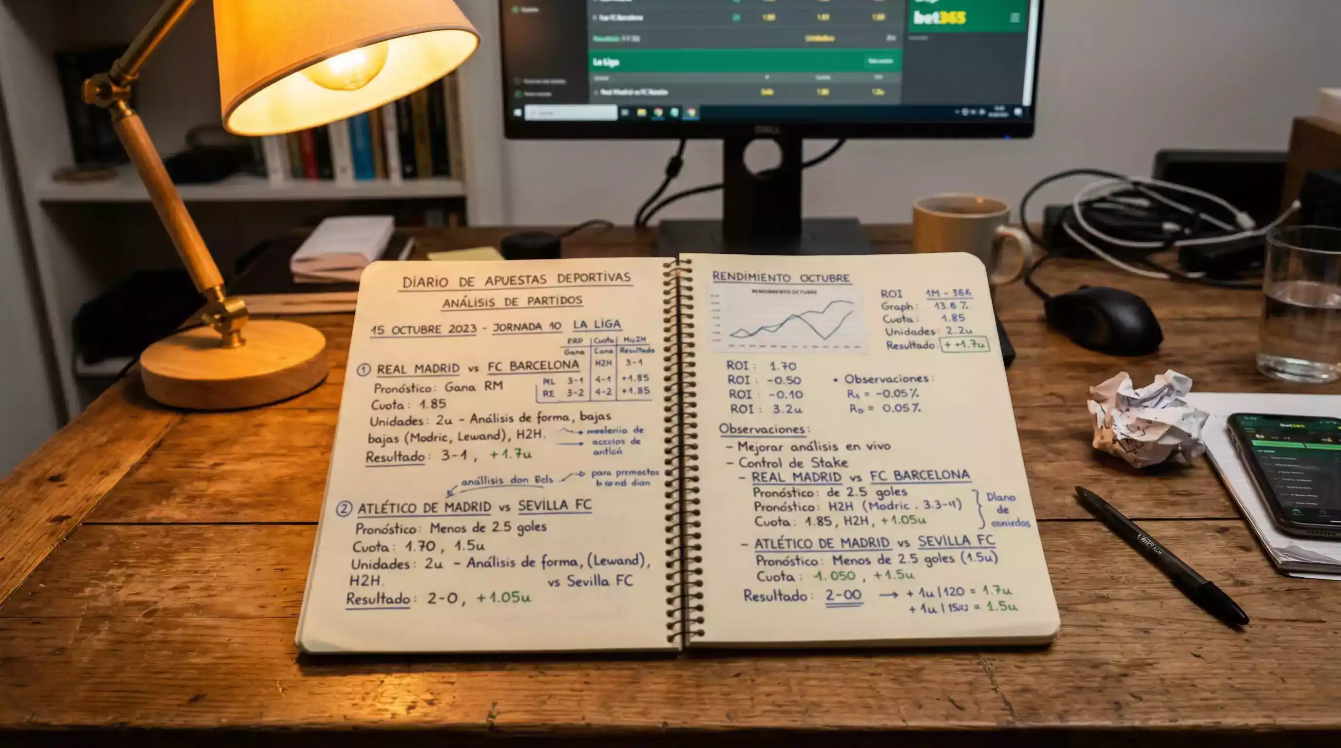 Cuaderno con notas de análisis de apuestas y bolígrafos sobre escritorio
